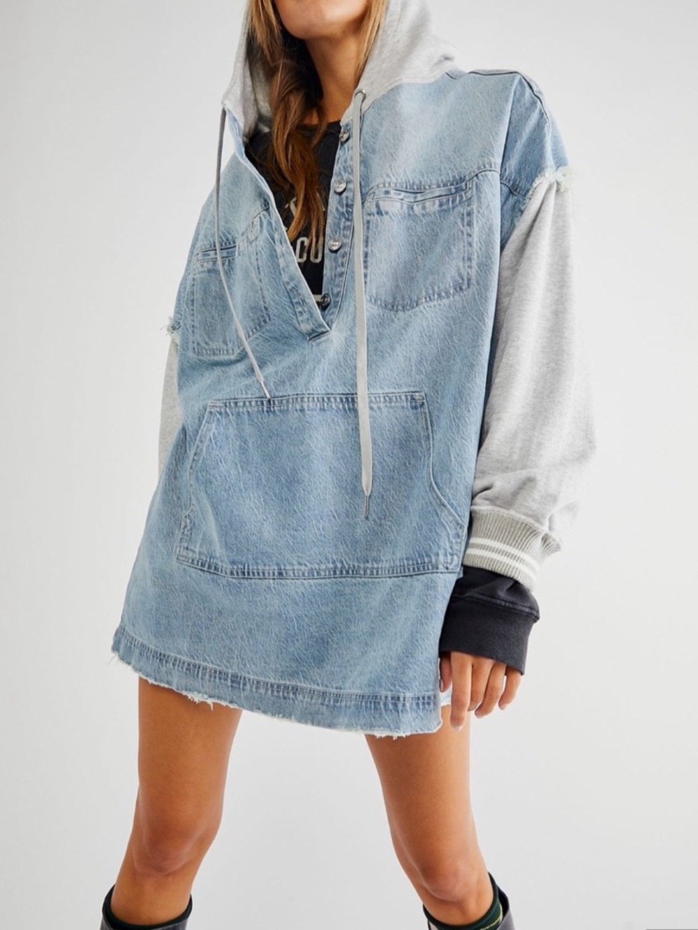 Free People Denim & Sweatshirt Hoodie Dress - Picture 1 of 6